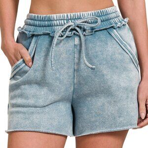 NWT Ladies Blue Grey Acid Wash Fleece Drawstring Shorts with Pockets